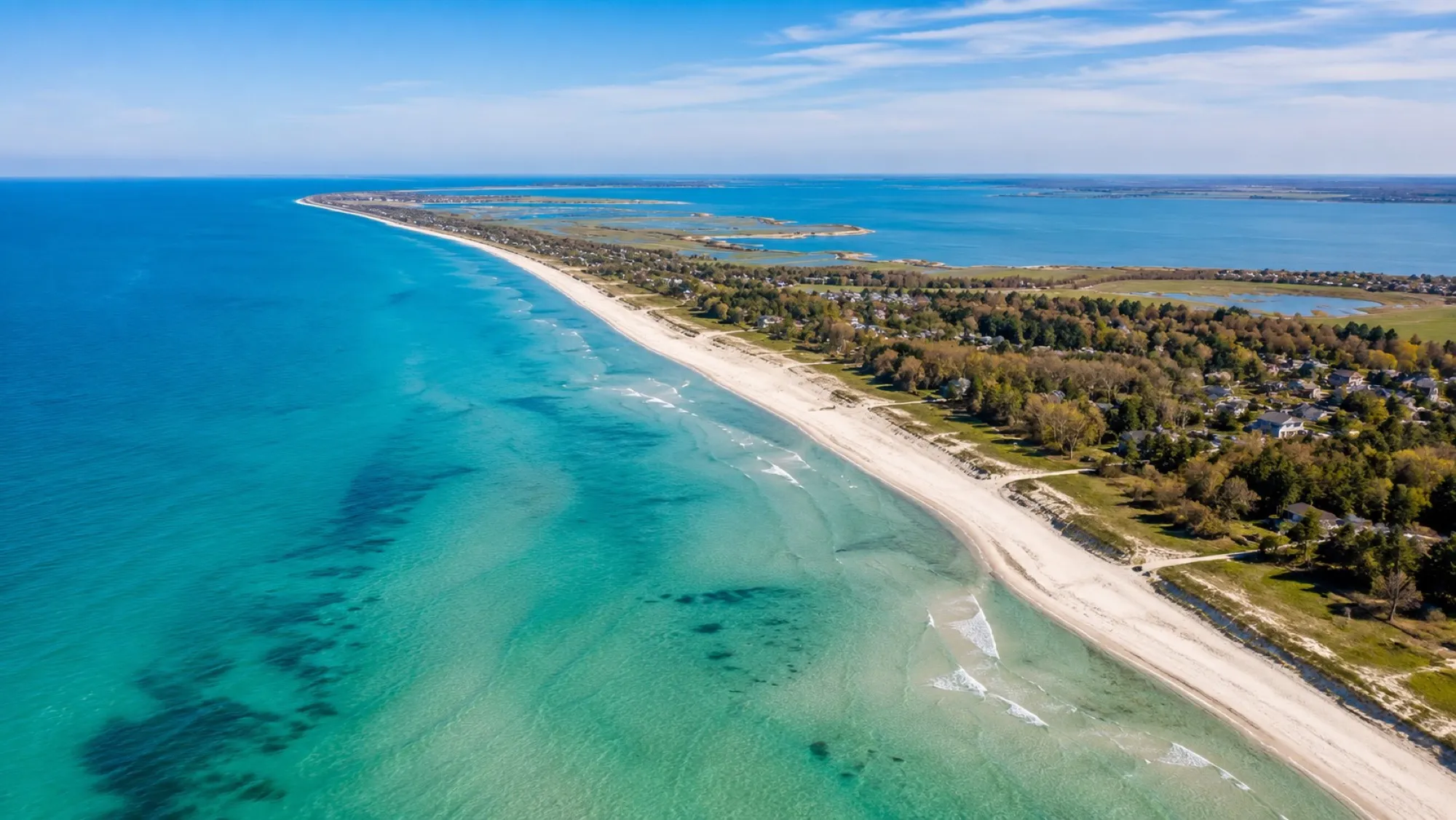 Luftaufnahme der Ostseeküste von Fischland-Darß-Zingst mit türkisem Wasser